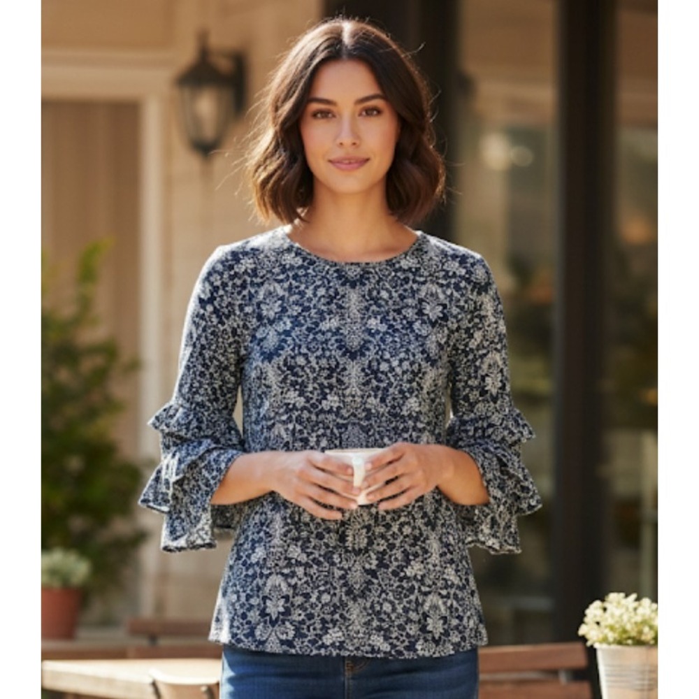J.Crew Cotton Top Navy Blue Floral Print 3/4 Sleeves Ruffled Pullover Sz 00  342